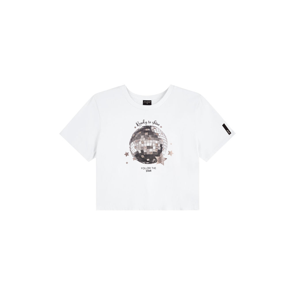 Blusa Cropped Juvenil Menina Disco Ball Beats Branco