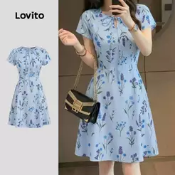 Lovito Vestido Casual com Pregas para Mulheres Azul Primavera/Verão L198ED354