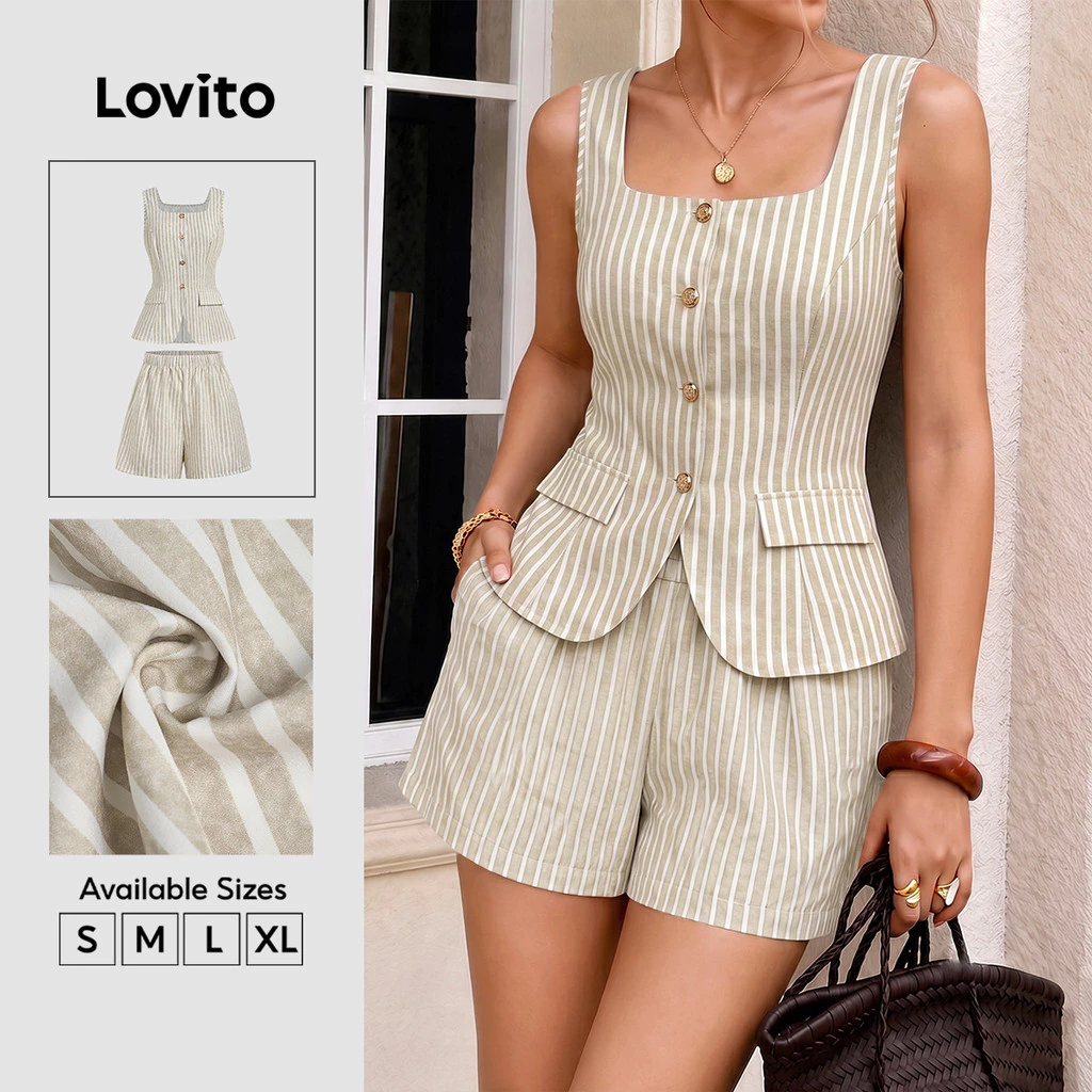 (New Arrival) Lovito Tops ou Bottoms Casuais Bolso de Fivela Metálica Bolso Falso Top Caqui para Mulheres SHK8BR234 — imagem 1