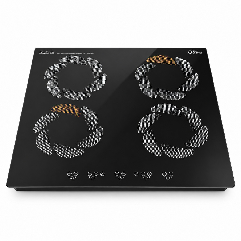 Fogão Cooktop 4 Bocas Indução Embutir 7200W Turbo Touch Sou Energy Preto 220V