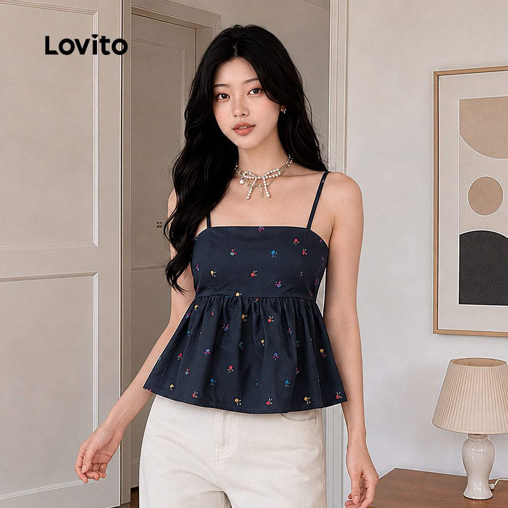 (New Arrival) Lovito Casual Top Sem Mangas Azul Escuro Floral Miúdo Ombro À Mostrar Alça Ajustável Primavera Verão Fim De Semana Para Mulheres TKB204P1D058 · foto 2