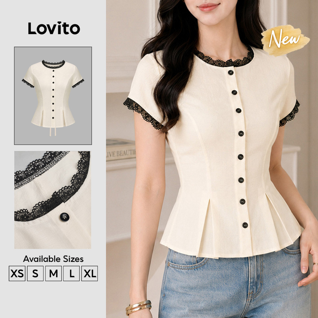 (New Arrival) Lovito Elegante Blusa Manga Curta Gola Redonda off White Botão Pregos Barra Contraste Primavera Verão Trabalho Para Mulheres BLB206TD010