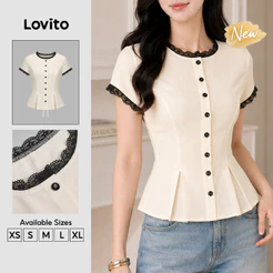 (New Arrival) Lovito Elegante Blusa Manga Curta Gola Redonda off White Botão Pregos Barra Contraste Primavera Verão Trabalho Para Mulheres BLB206TD010