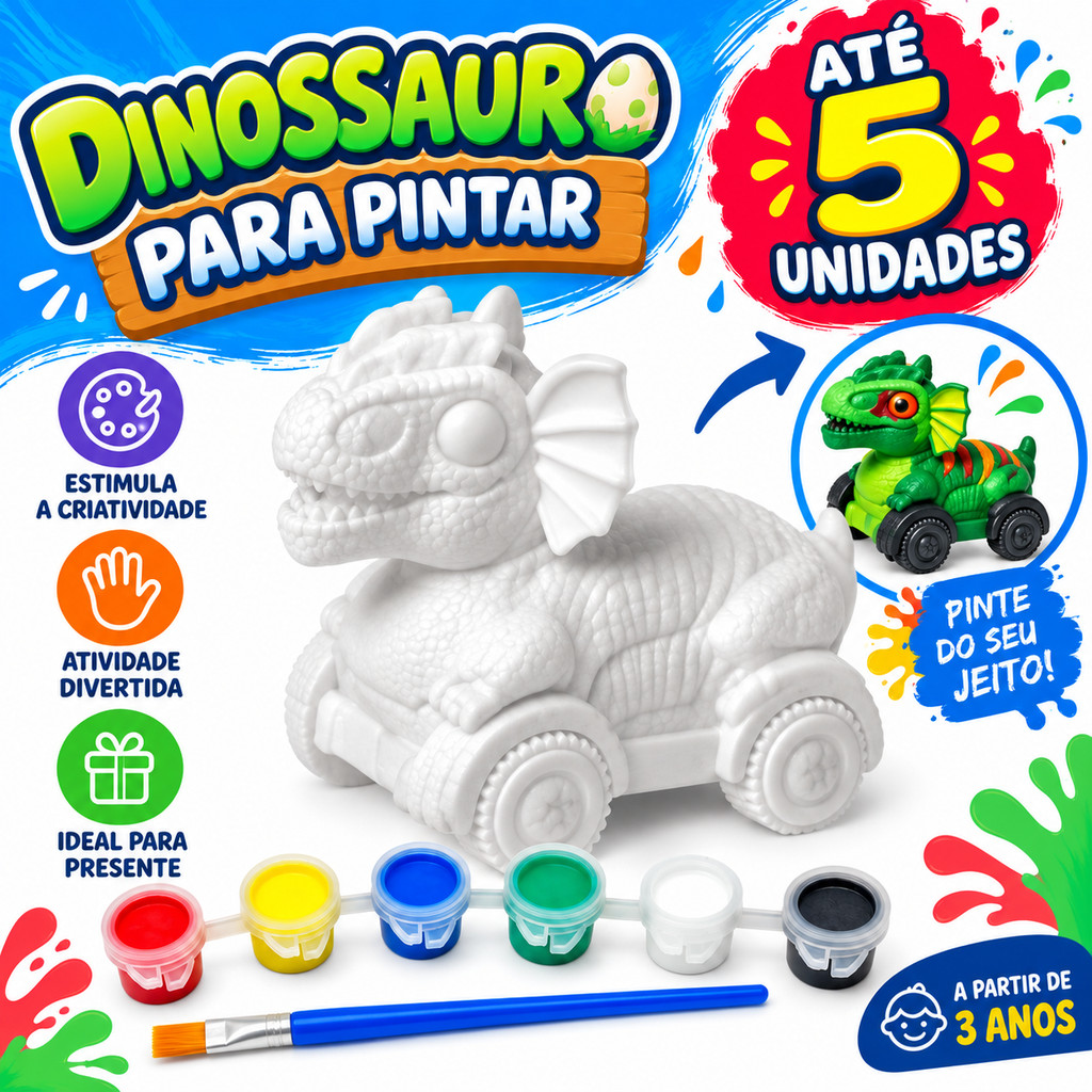 Dinossauro para Pintar Infantil Brinquedo Kit Pintura com Tintas e Pincel