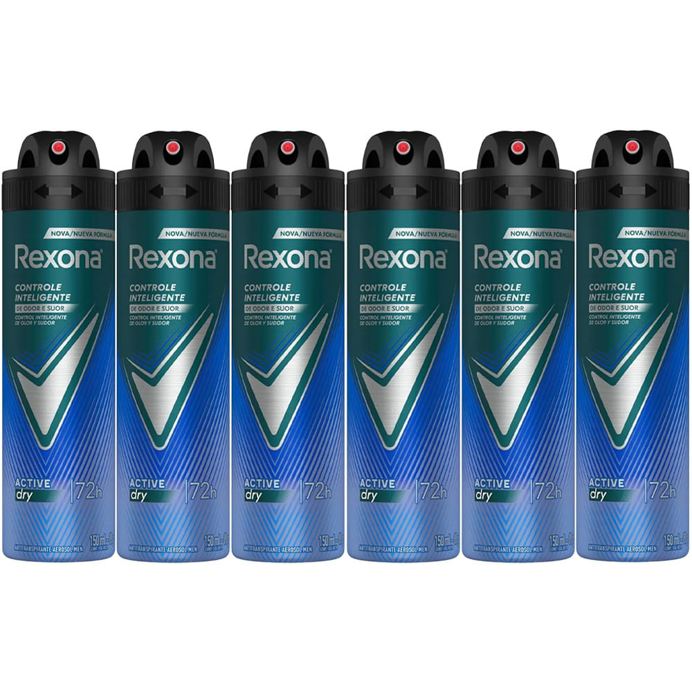 Kit Desodorante Aerosol Rexona Active Dry/Azul 150ml - 6 Unidades