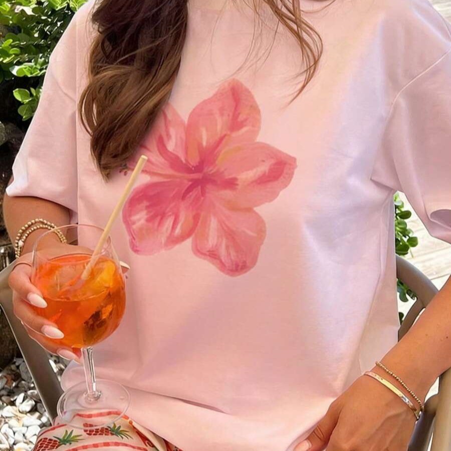 Camiseta Feminina Rosa Estampada Flor Algodão Casual Verão Primavera Moda Romântica Delicada Confortável Básica Soltinha