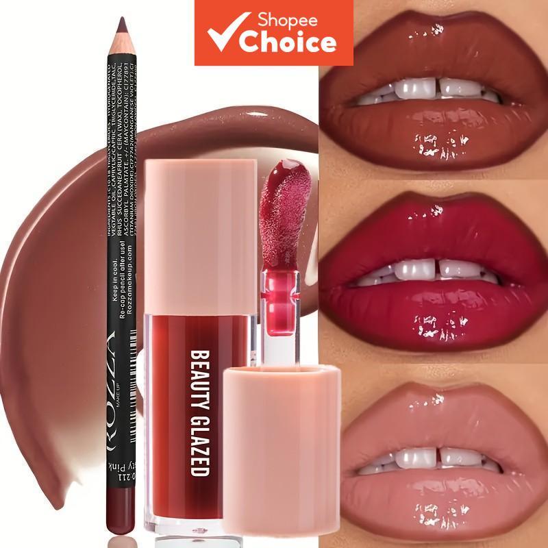 Conjunto De 2 Peças De Delineador Labial E Esmalte Fosco Úmido Brilhante Combinação Vibrante De Longa Duração