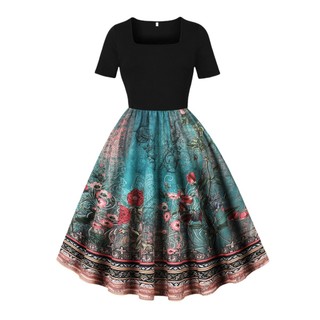 Retro quadrado pescoço manga curta impresso grande balanço vestido feminino retro elegante vestido de baile