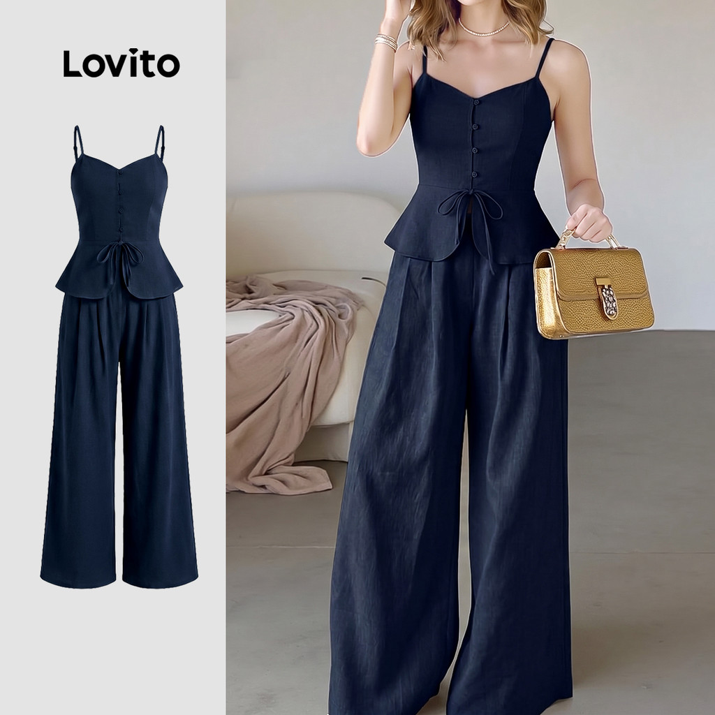 Lovito Casual Tops ou Bottoms Renda Up Lazer Azulmarinho Conjunto para Mulheres Bordado PSK8TD207