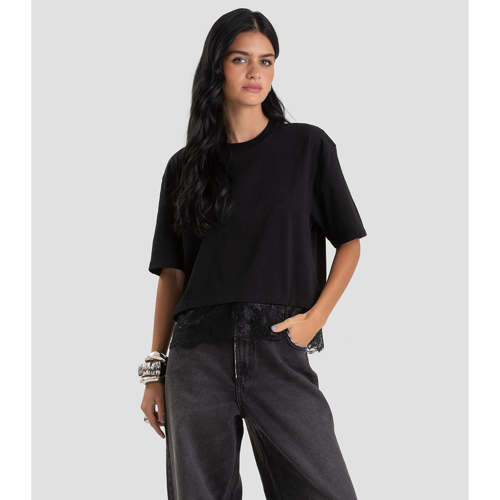 Blusa Feminina em Meia Malha com Renda Dianna Preto