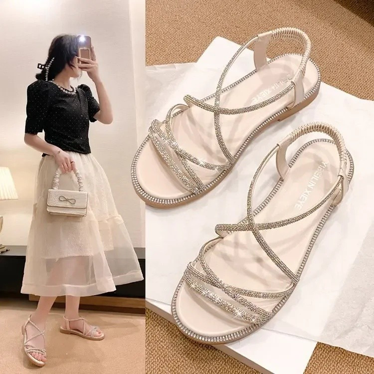 Sandálias femininas de dedo aberto com strass, estilo fada, tamanhos grandes, nova coleção japonesa e coreana, moda JHSV