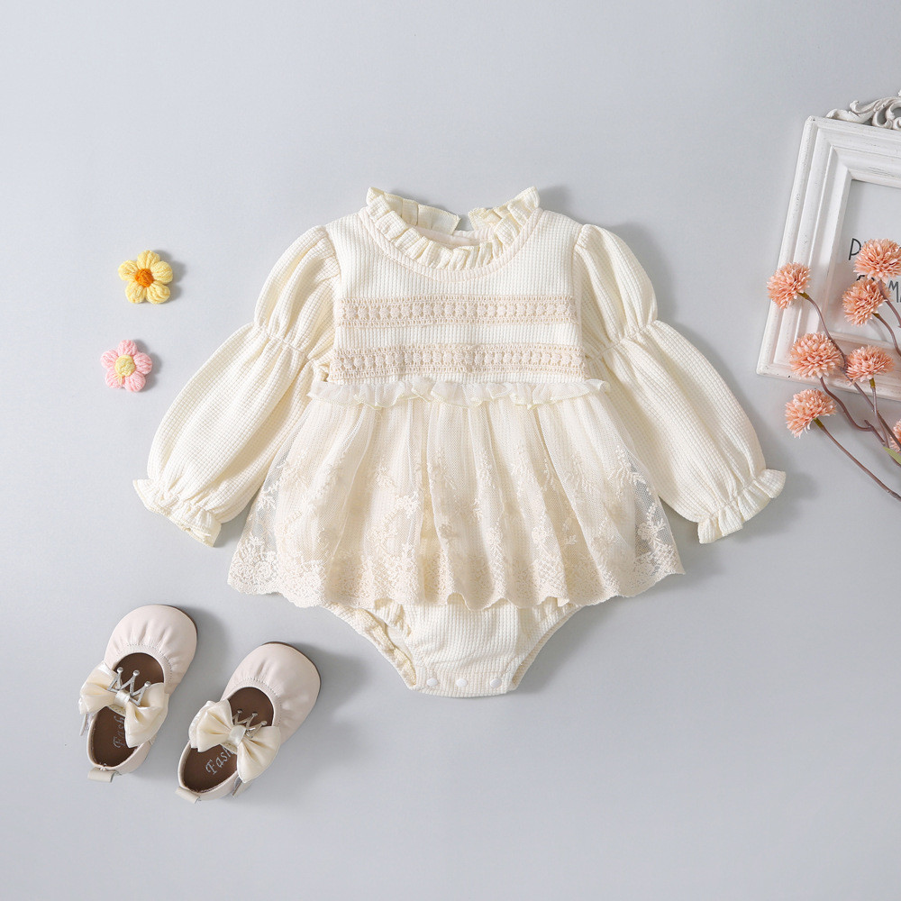 Crianças roupas primavera outono de uma peça bebê renda manga comprida novo estilo em torno do pescoço estilo ocidental 