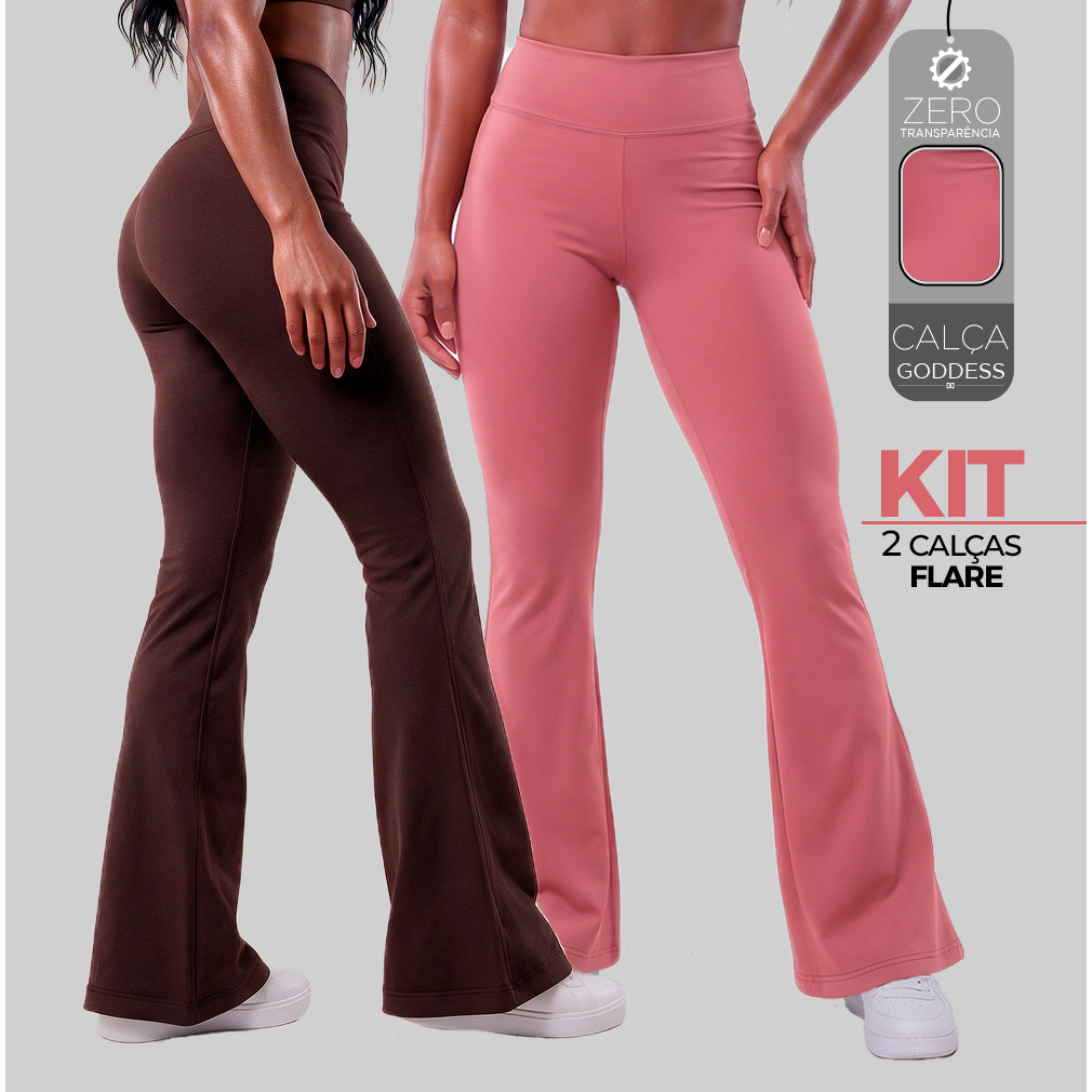 Kit 2 Calças Legging Flare Fitness Feminina Cós Alto Bailarina Zero Transparência Academia