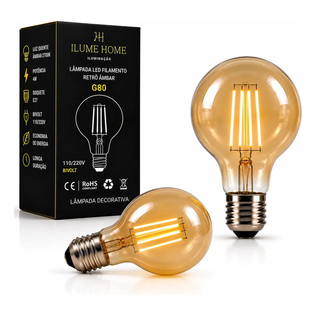 Kit 2 Lâmpada Filamento Led G80 Decorativa Vintage Âmbar 4w