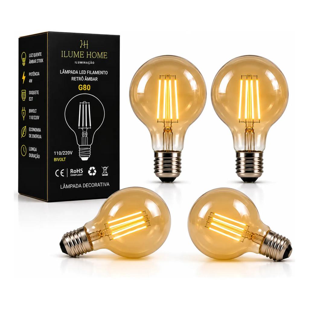 Kit 4 Lâmpada Filamento Led G80 Decorativa Vintage Âmbar 4w