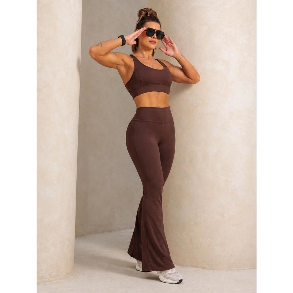 Calça Flare Feminina Fitness Poliamida Blackout Zero Transparência Cintura Alta Importada P M G