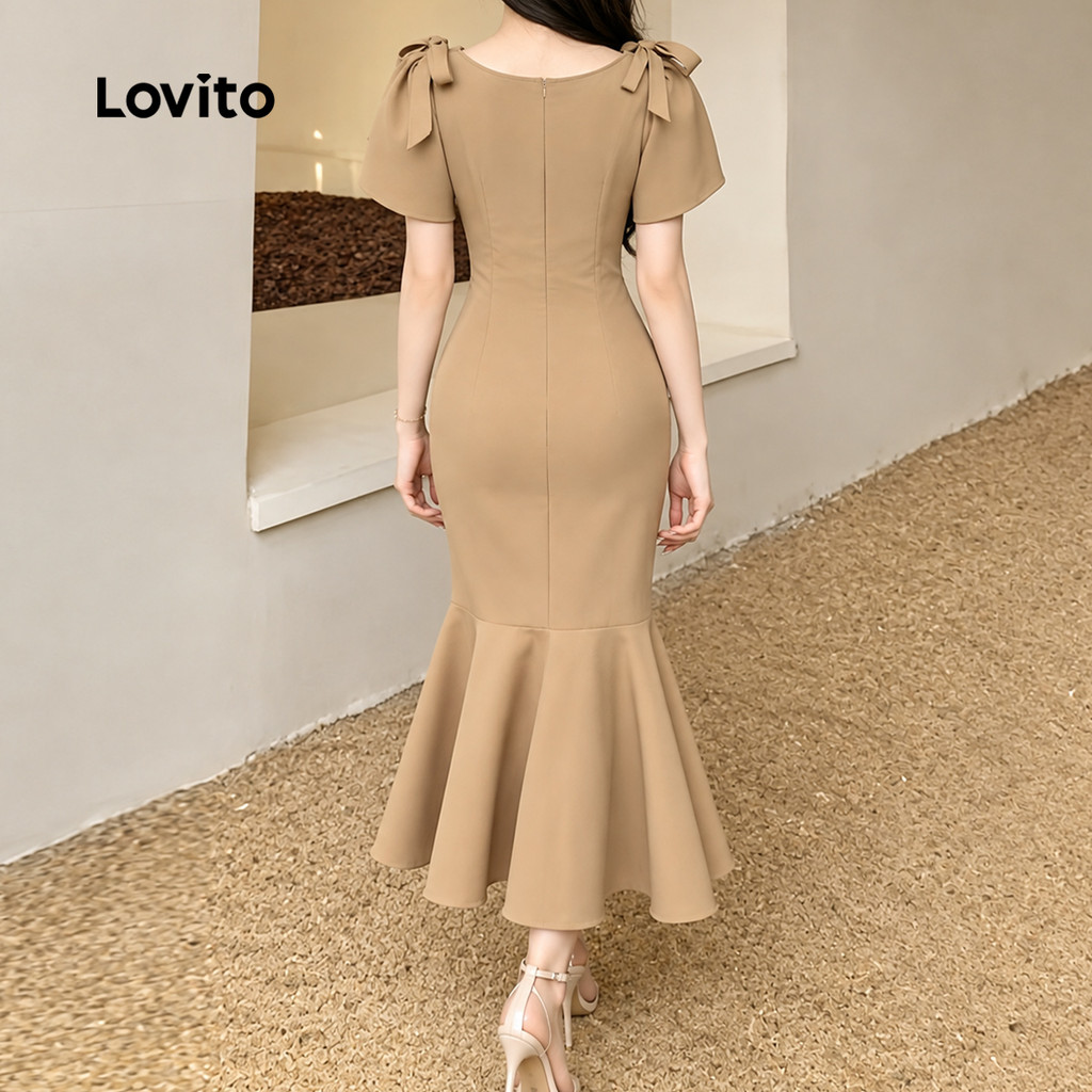 Vestido Feminino Lovito Elegante Nacional Leve para Primavera/verão com Cadarço Cor Cáqui Claro Bordado L172ED407 · foto 2