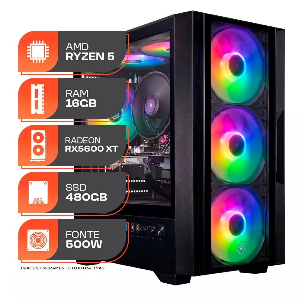 PC Gamer Spectrum, AMD Ryzen 5 5500, Radeon RX 5600 XT 6GB, 16GB DDR4, SSD 480GB, Fonte 500W 80 Plus