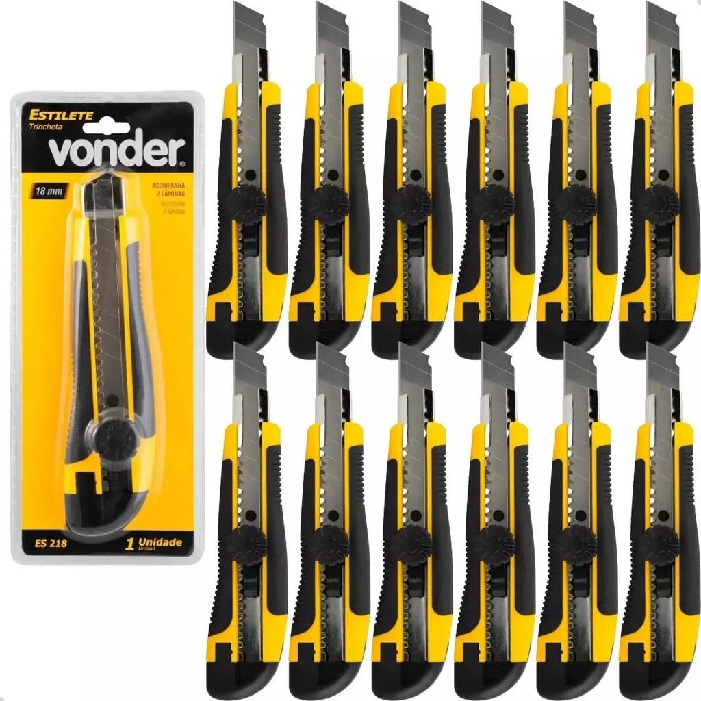 Kit 12 Estiletes Profissionais Vonder ES 218 18 mm - Corpo em plástico emborrachado, lâmina reta segmentada