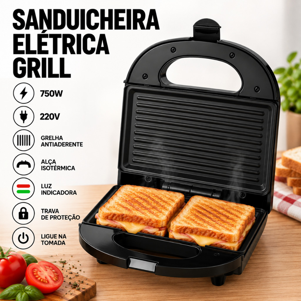 Sanduicheira Grill Elétrica 2 em 1 Antiaderente Multifuncional 220V 750 Watts