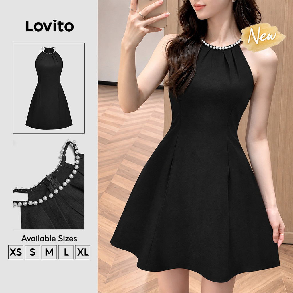 (New Arrival) Lovito Vestido Preto Feminino Casual Curto Em Linha a Com zíper E Corrente De pérolas primavera/verão DRK10P1D961