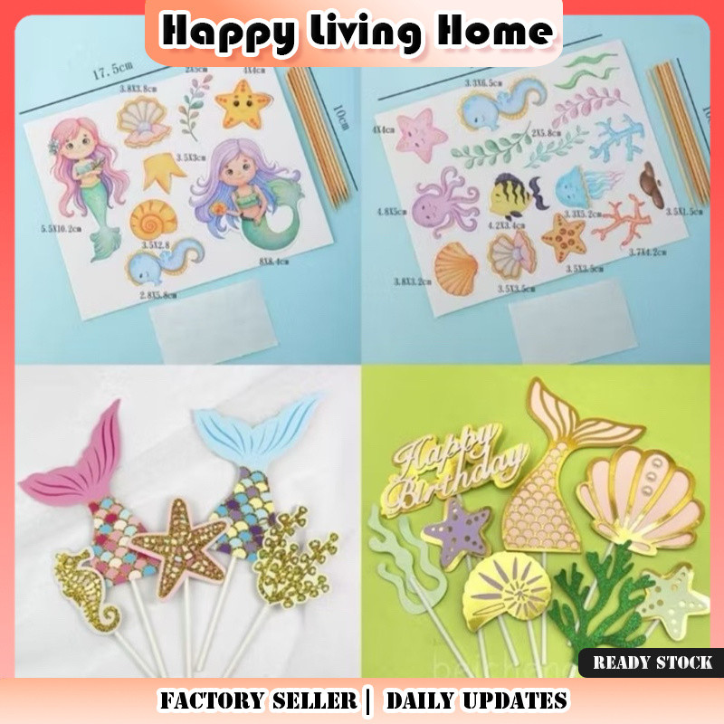 Conjunto De Decoração De Bolo Acrílico Coral Com Tema Oceano E Cauda De Sereia