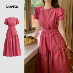Lovito Vestido Casual Plissado Drapeado Cor Rosa Vermelho para Mulheres primavera/verão LK7AD171