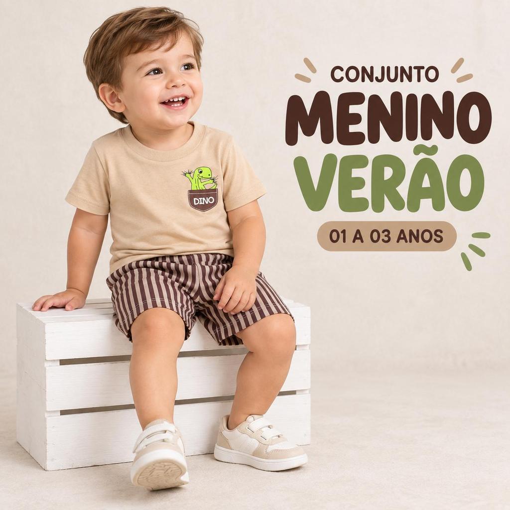 Conjunto de Verão Infantil Masculino Dino Camiseta 100% Algodão & Bermuda Listrada Confortável - 9m a 2 anos