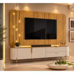Rack Bancada c/ Painel p/ TV até 75 Pol Celine Led 2 Portas e 2 Gavetas 241x189cm Bali/Cedro - DJ Móveis