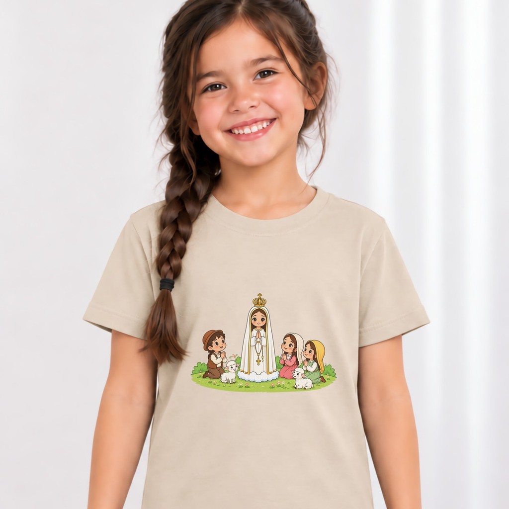 Camiseta Infantil Menina Nossa Senhora Fátima Estampada Católica Virgem Maria Religiosa 100% Algodão Igreja