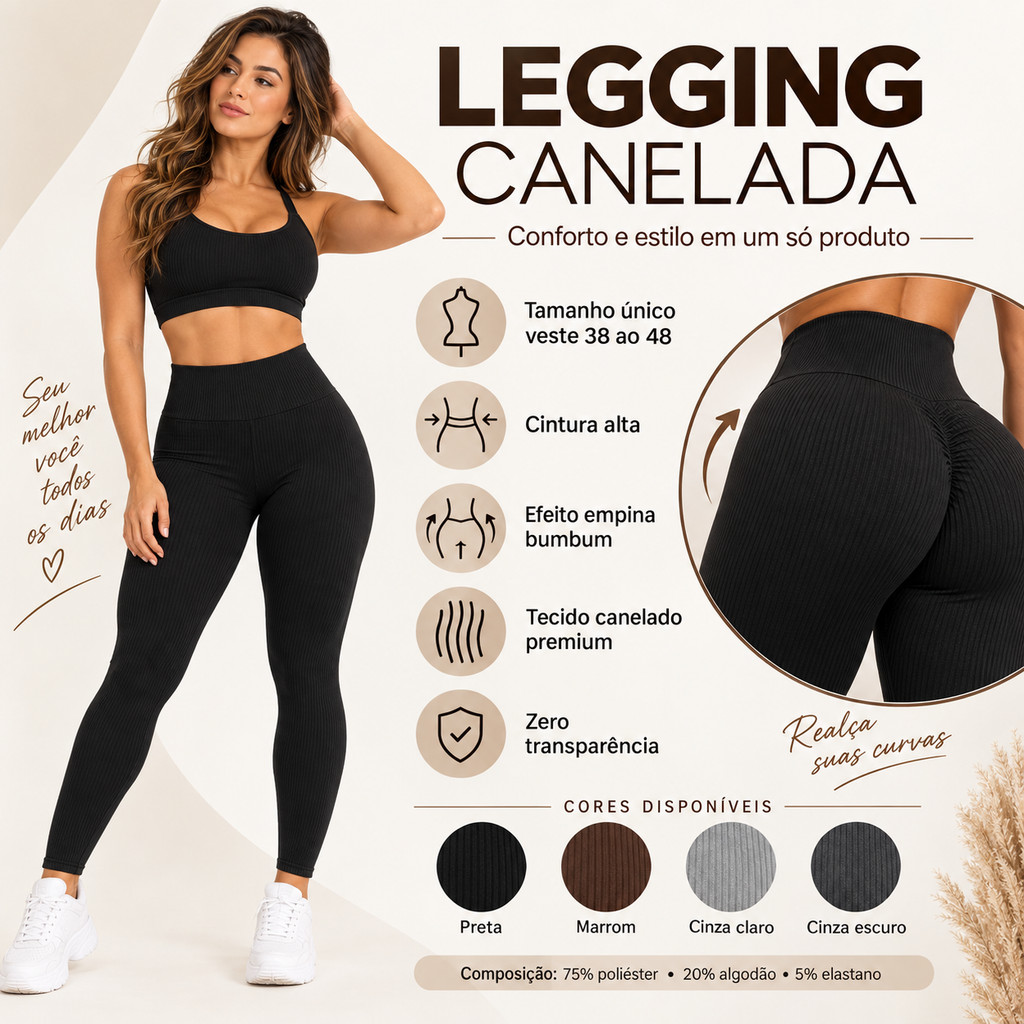 Calça Legging Canelada Preta -  Cintura Alta Com Costura Realça Bumbum para Academia Feminina, Elástica e Fitness