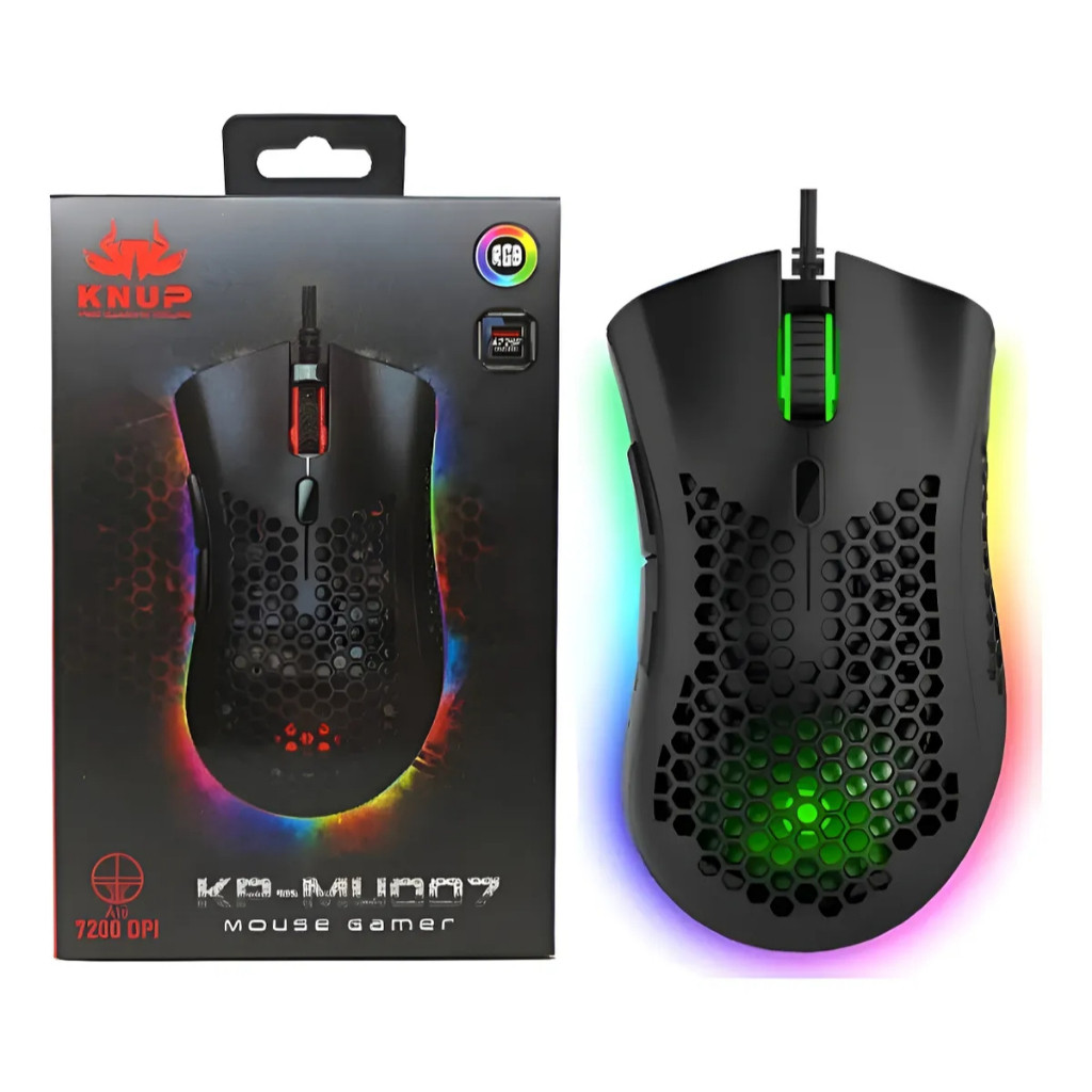 Mouse Óptico Gamer Knup KP-MU007 RGB 7200 DPI Colmeia 7 Botões 15G Cabo USB 1,70m LED Alta Precisão