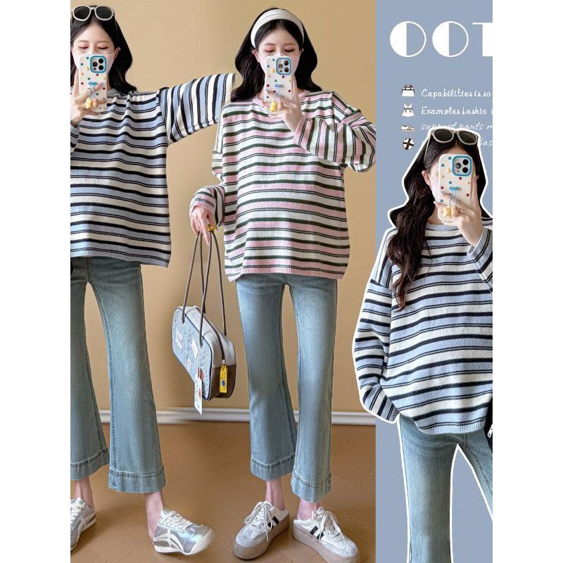 Top de maternidade 2026 primavera outono novo estilo estilo coreano listrado manga comprida camiseta feminina solta tama
