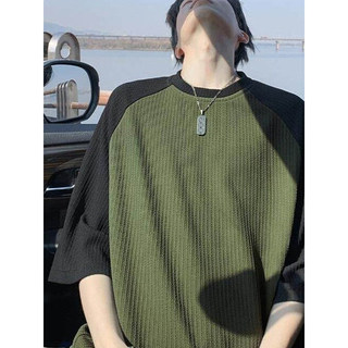 Pinstripe Raglan tamanho grande cinco pontos de manga curta camiseta masculina verão americano Retro Street Wear All-mat