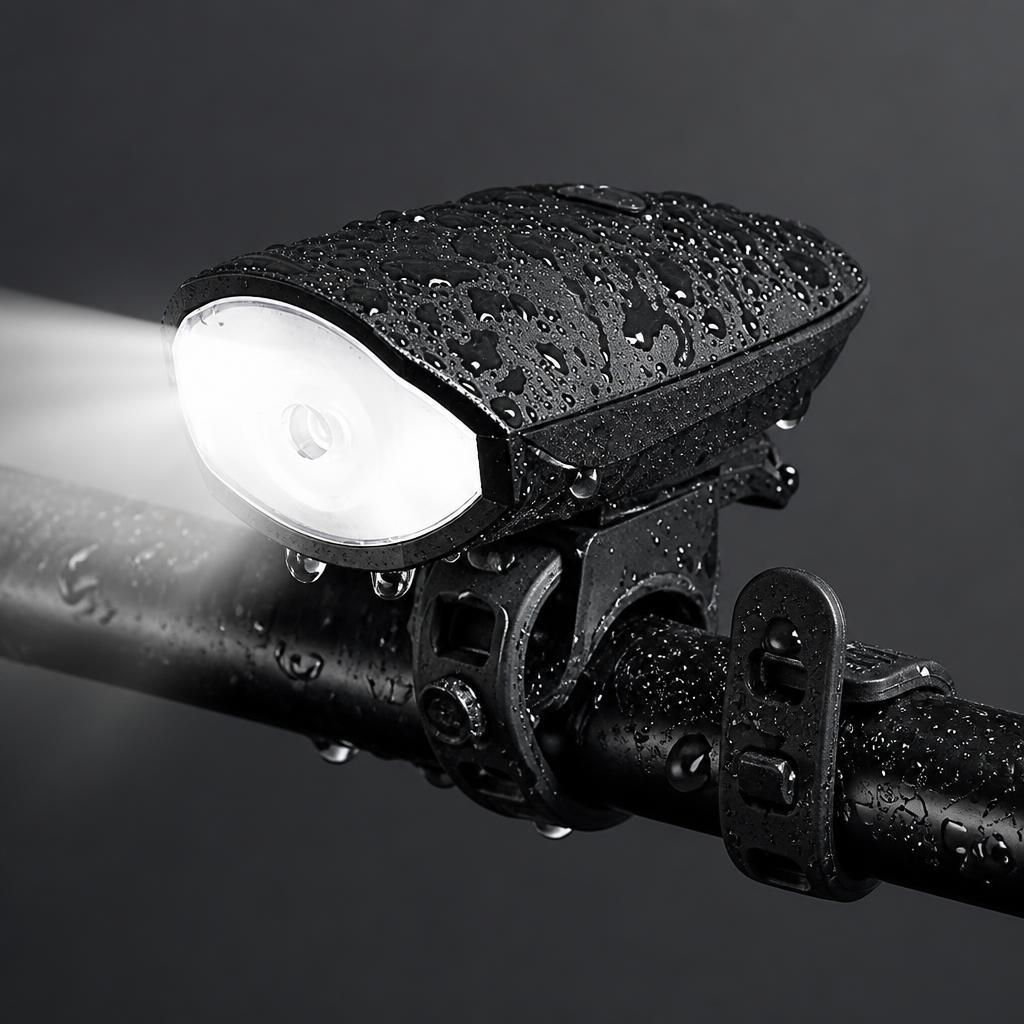 Farol Bicicleta com Buzina LED Bateria Interna USB-C Recarregável 3 Modos Guidão Noite