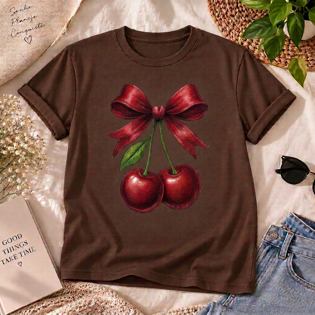Camiseta Feminina Soltinha Cereja com Laço Estampada Algodão Casual T-shirt
