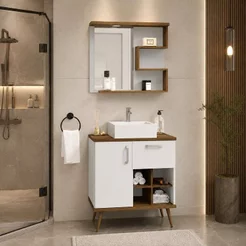 Gabinete com Pés para Banheiro 70cm com Cuba e Espelheira Veneza Branco/Nogal