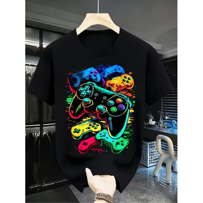 Camiseta Manga Curta Estampada de Controles de Videogame Confortável Divertida Estilosa Moderna Casual Moda Tendência