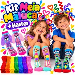 Kit Cabelo Maluco Infantil + Meia Maluca Haste Chenille Colorida Escola Festa Temática
