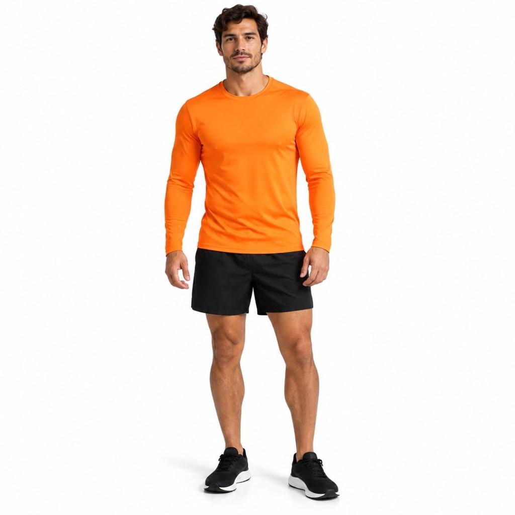 Camiseta Térmica Laranja Flame Manga Longa - Segunda Pele, Poliéster/Elastano, Secagem Rápida