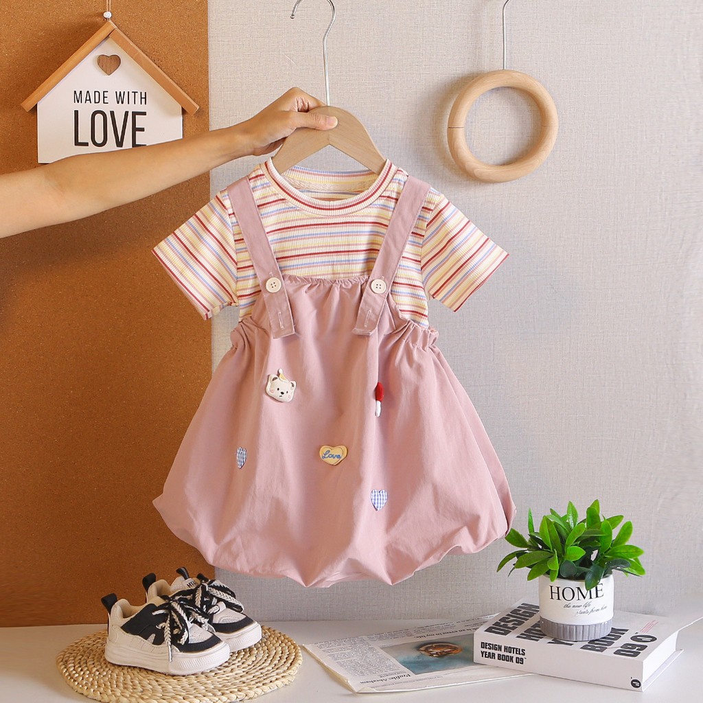 Crianças Doce Bonito Roupas Nova Moda Verão Bebê Meninas Listrado Camiseta + Suspender Flor Bud Saia 2 Pçs/Set Criança T