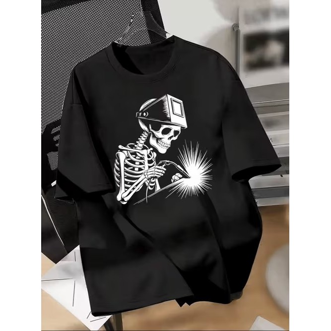 Camiseta Manga Curta Estampada Esqueleto Soldador Divertida Moderna Estilosa Confortável para Moda Casual Tendência