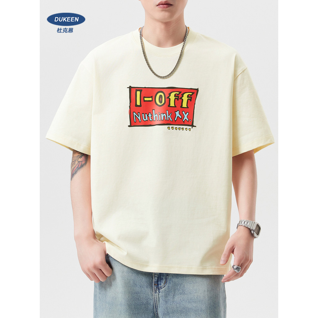 Dukeen 280G pesado puro algodão de manga curta camiseta masculina verão americano impresso meia manga meninos Formal omb
