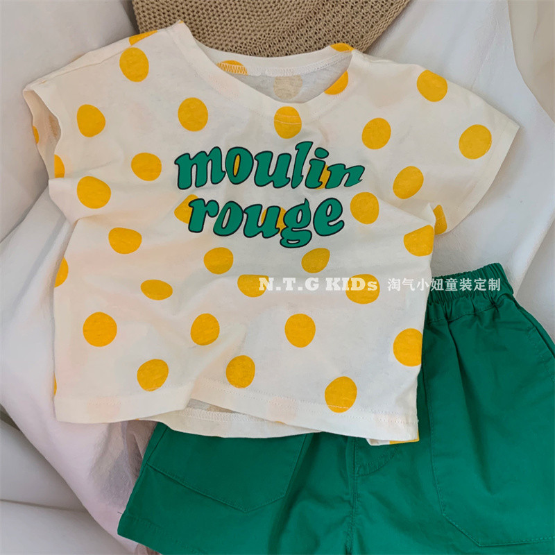 Naughty menina versão coreana verão novo estilo meninos meninas estilo ocidental bolinhas camiseta crianças bebê manga c