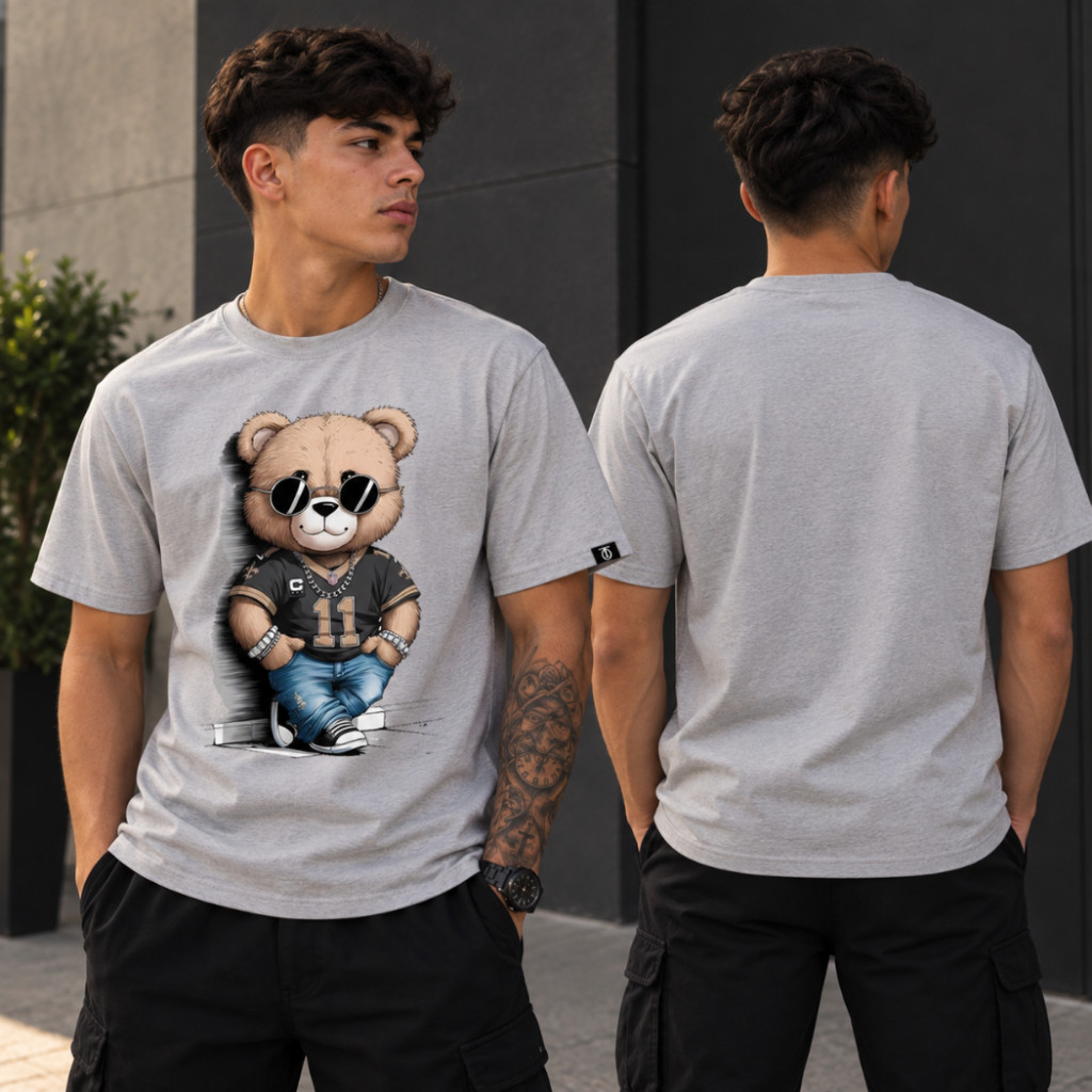 Camiseta Estampada Urso Estiloso Ryban Camiseta Malha Algodão Básica Personalizada Top