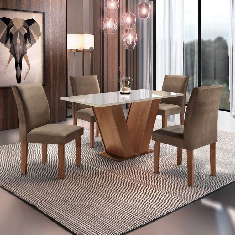 Conjunto Sala de Jantar Mesa Tampo de Vidro 4 Cadeiras Espanha Yescasa Chocolate/Off White/Animale Marrom