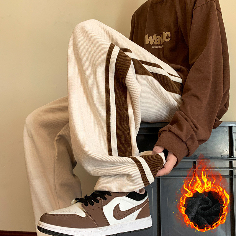 Outono inverno forro de lã calças casuais das mulheres dos homens High Street casal BF estilo All-Match perna larga espo