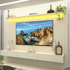Rack com Painel para TV até 90 Polegadas 100% MDF Ripado com LED e 3 Gavetas 250CMX228,8cm Nobre Branco Off White