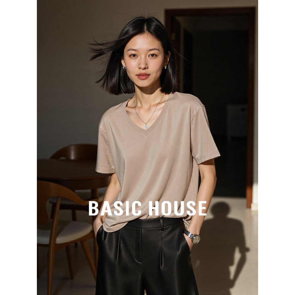 Casa básica/casa básica básica básica cor sólida Modal com decote em V camiseta de manga curta feminina verão novo estil