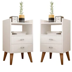 Kit 2 Mesa de Cabeceira Retrô Pés Palito em Madeira Maciça 2 Gavetas e Prateleira Branco Branco